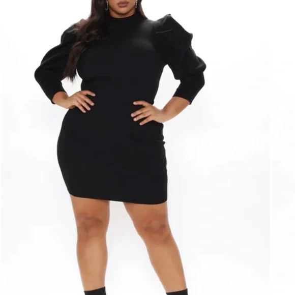 Elegant Black Puff Sleeve Sweater Dress - Picture 3 of 3